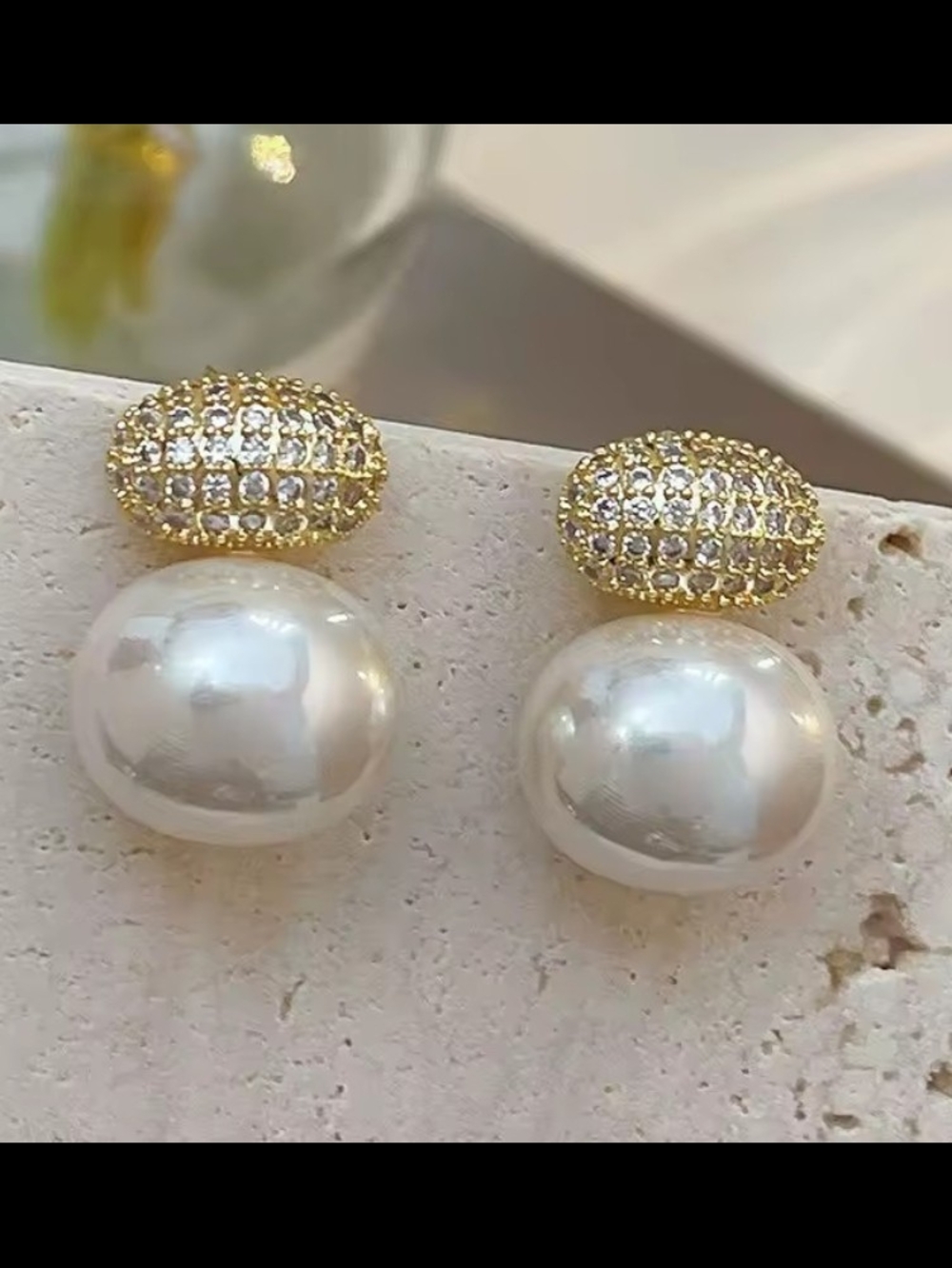 Gold Pearl Drop Earrings with Crystal Pavé